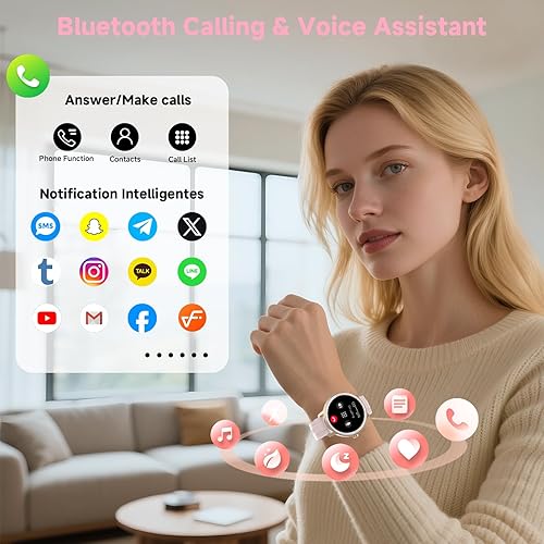 Miniatura 3 de Reloj inteligente para mujer, rastreador de actividad física impermeable IP68, llamadas Bluetooth, monitor de frecuencia cardíaca (rosa)