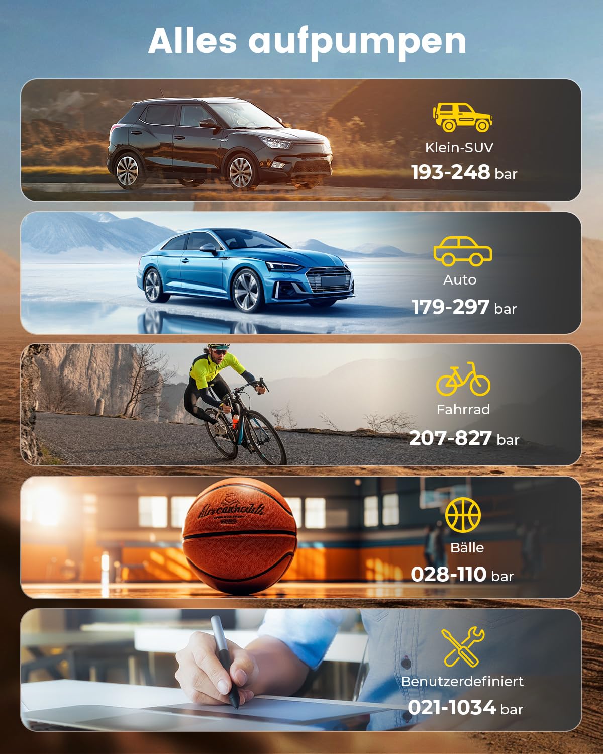 HYVOHEX Elektrische Luftpumpe,Akku Kompressor,Fahrradpumpe,1 Min Schnellbefüllung Kabelloser Luftkompressor mit Digitalem Manometer LED Licht,10.34 Bar Reifenkompressor mit LED Licht für Auto,Fahrrad - 5