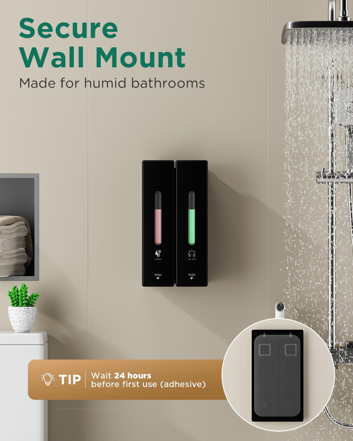 Shampoo and Conditioner Dispenser Wall Mounted, 3-Chamber Shower Soap Dispenser for Bathroom, 1200ML Large Capacity, No-Drill Installation, Clog-Free Pump for Thick Liquids (black-2-pack)