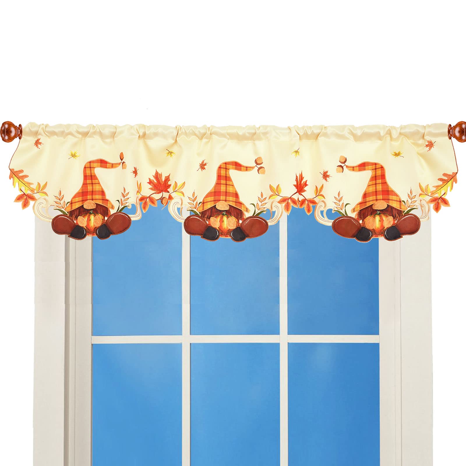 Simhomsen Embroidered Thanksgiving Gnomes and Fall Autumn Harvest Pumpkins Kitchen Window Curtain Valance W 57 × L 14 Inches (Fall Gnomes)