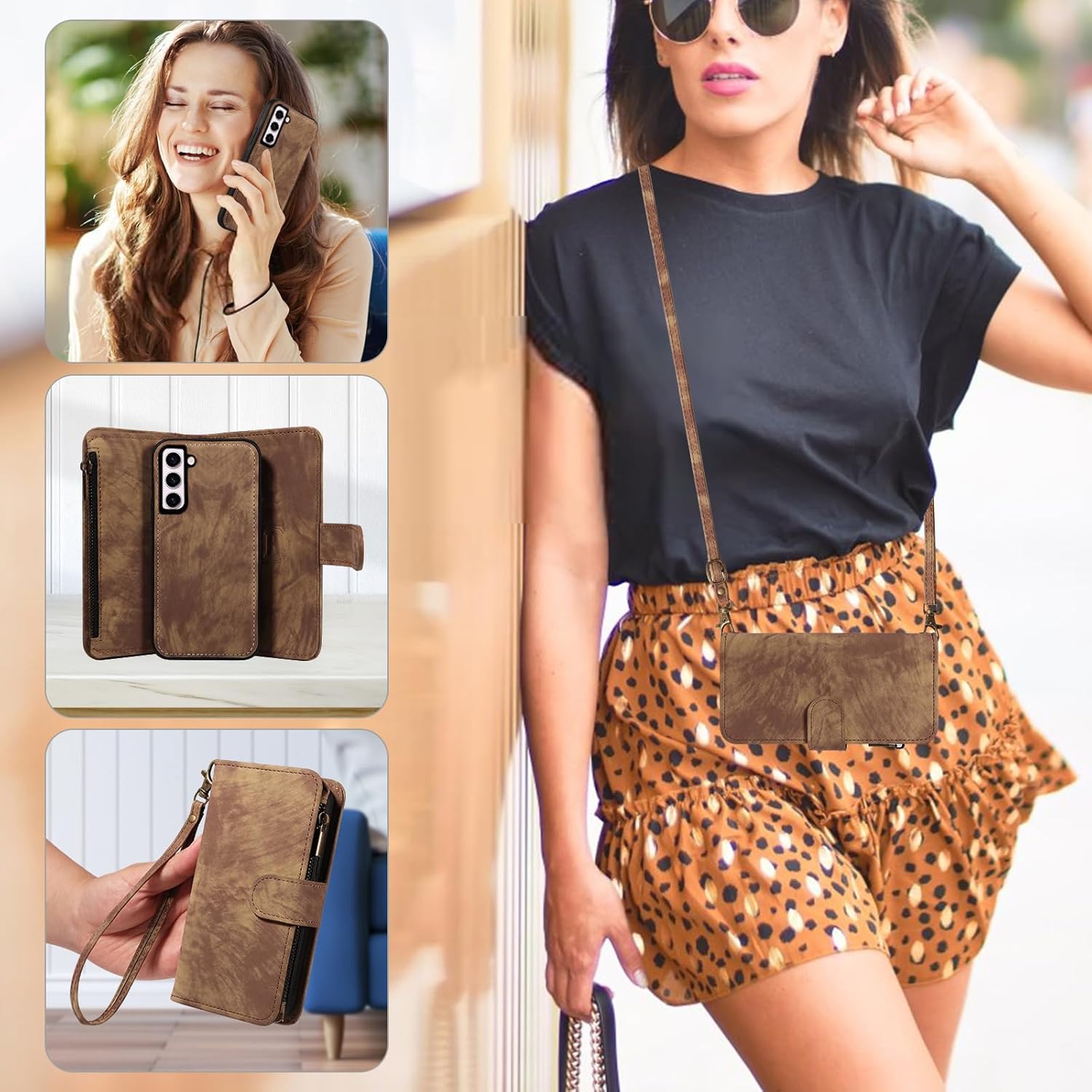 Asuwish Phone Case for Samsung Galaxy S23 5G Zipper Wallet Cell Cover with Tempered Glass Screen Protector Crossbody Strap Flip Credit Card Holder S 23 23S GS23 G5 SM-S911U 6.1 inch Women Girls Brown