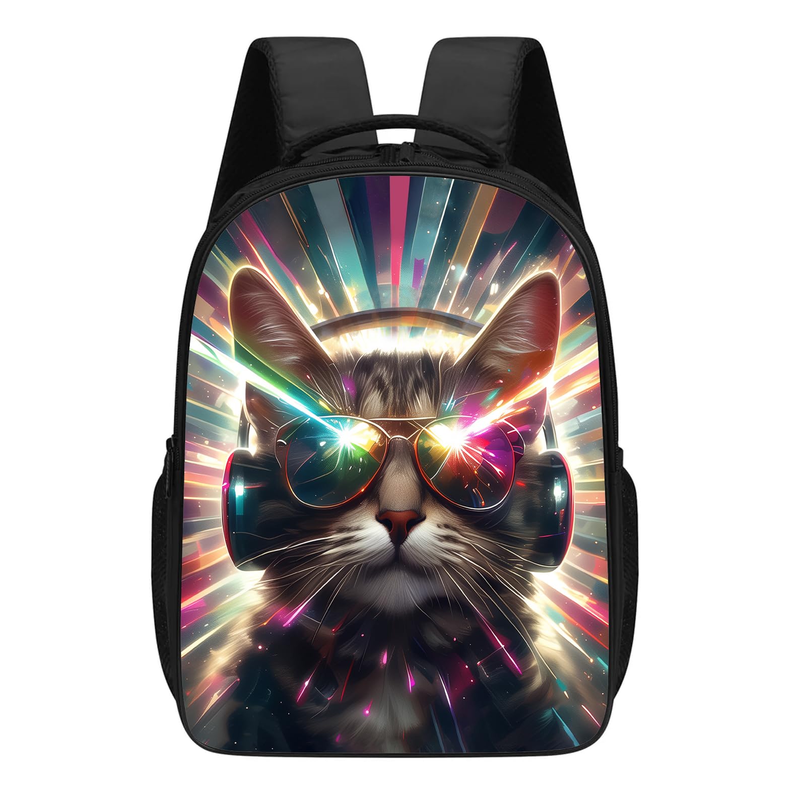 KOYI Cat Backpack Cute DJ Cat with Sunglasses Backpack Cat Love Music Backpack Laser Cat Colorful Sparkle Light Backpack, 16 Inch Kids Backpacks for