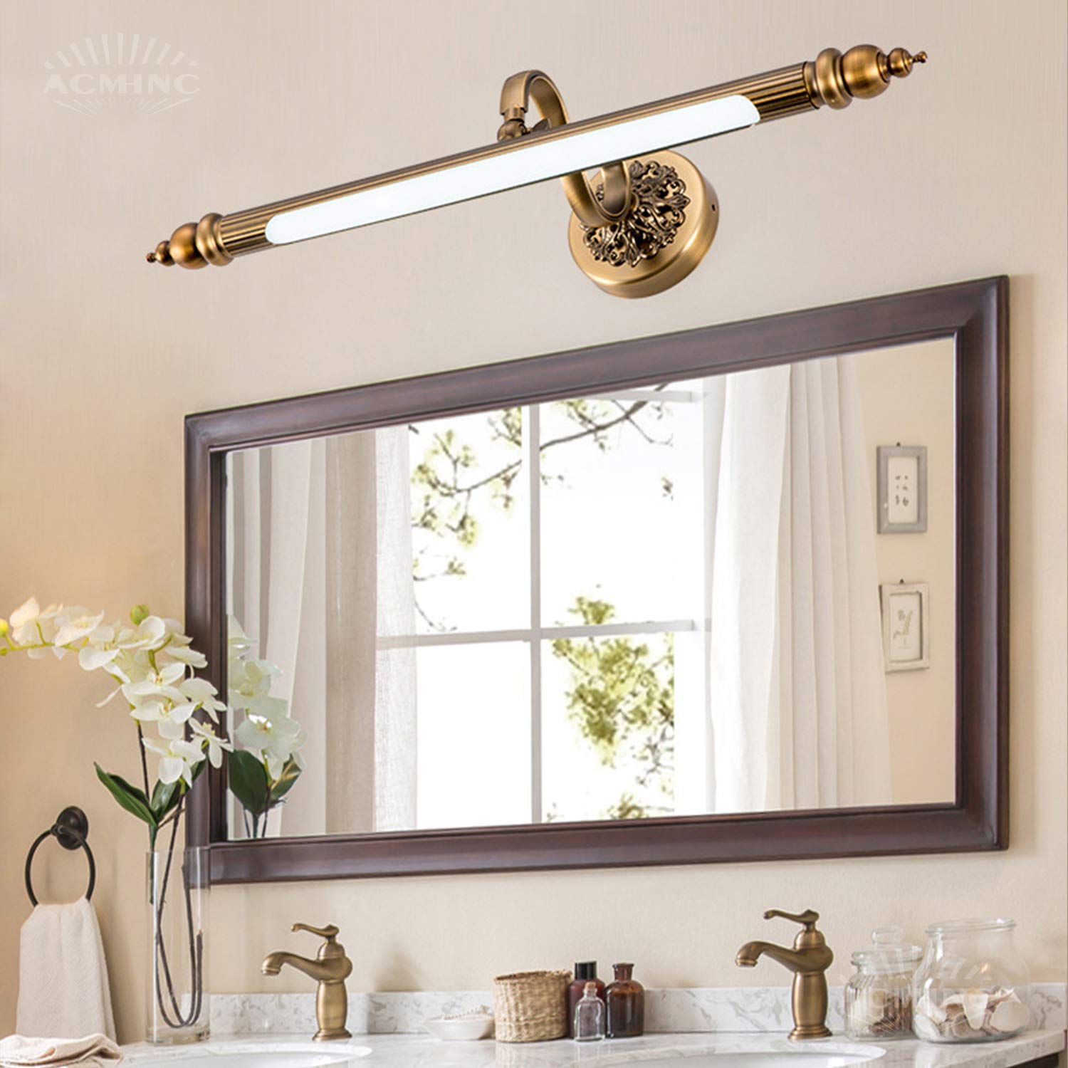 ACMHNC LED Badezimmer Spiegellampe Mit Schalter, Braune Bronze Vintage Spiegelleuchte Bad Mit Stecker Und Kabel, IP44 Badleuchte Schrankleuchte Einstellbarer Wandlampe 4000K Bilderleuchte,71cm/12w
