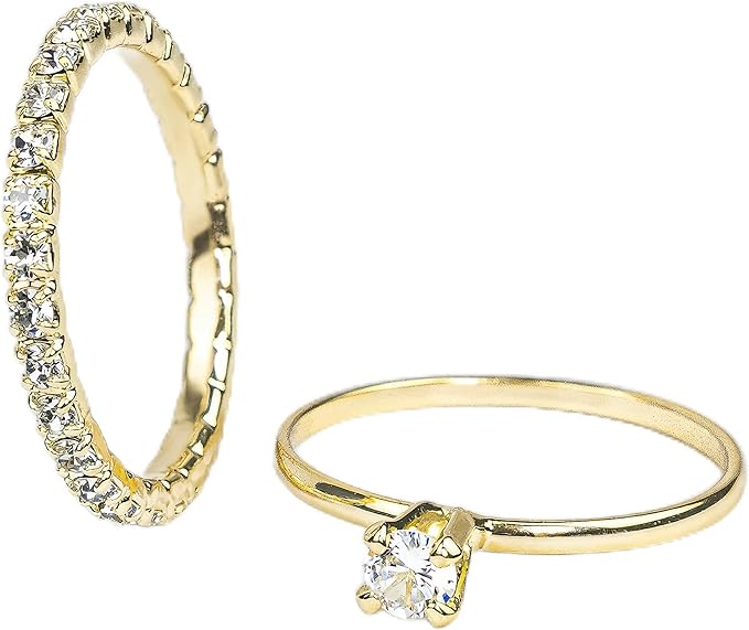 Kit 2 Anéis Femininos Banhados a Ouro 18k Solitário Cristal Strass