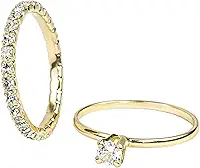 Kit 2 Anéis Femininos Banhados a Ouro 18k, Solitário com Cristal e Aparador Cravejado com Strass