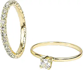 Kit 2 Anéis Femininos Banhados a Ouro 18k, Solitário com Cristal e Aparador Cravejado com Strass