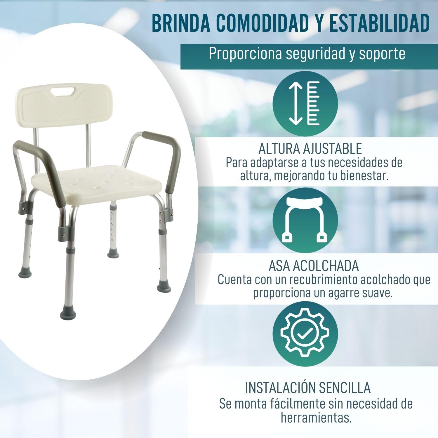 OrtoPrime Silla Ducha con Respaldo Extraíble - Taburete Baño Ortopédico Adultos y Niños - Reposabrazos Acolchados - Regulable 6 Alturas - Asiento de Aseo Cómodo y Seguro