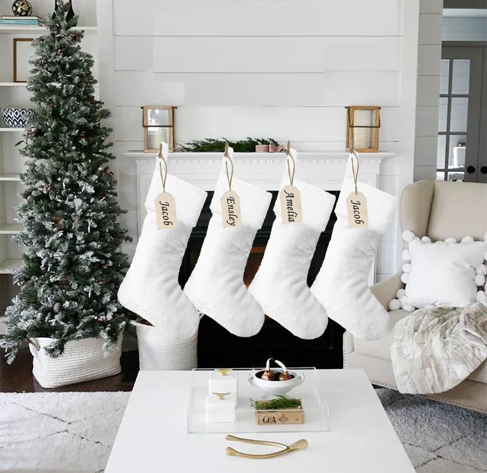 4 Pack White Christmas Stockings, 19 Inch Faux Fur Family Christmas Stockings Set, Holiday Xmas Farmhouse Fireplace Hanging Stocking Christmas Decorations
