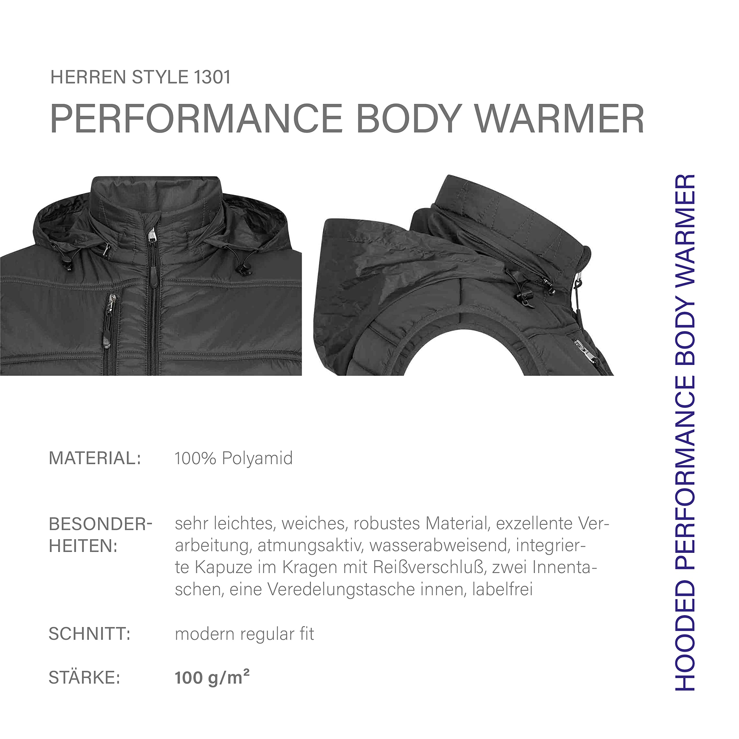 HRM Herren 1301 Herren Hooded Performance Body Warmer I Fair Trade Outdoor Weste Herren, 100 g/m² I Aus 100% leichtem & robustem Polyamid