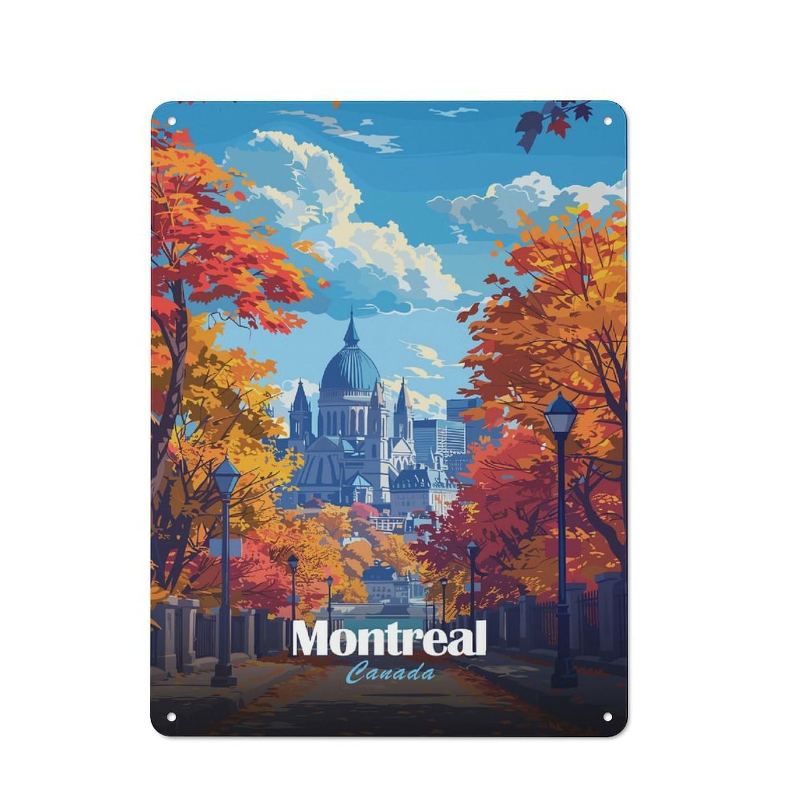 Montreal Canada Autumn Cityscape Illustration Vintage Metal Wall Decor 40x30cm, Vintage Metal Sign for Hallway, Home Bar, Garage Or Study