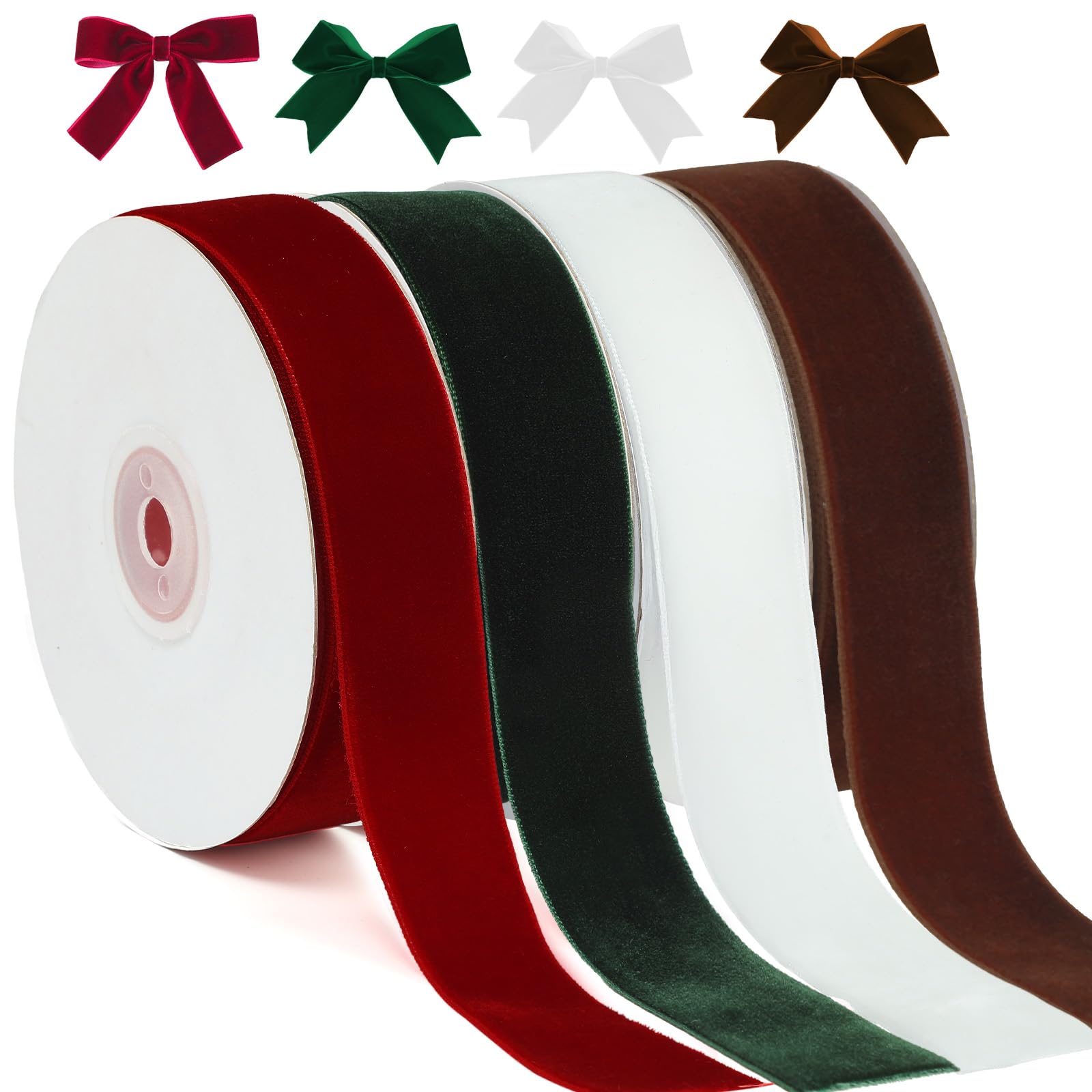 YANGTE 4 Colors Velvet Ribbon Set, 1" x 40Yard Premium Christmas Velvet Ribbon for Gift Wrapping, Christmas Tree Ornaments Handmade Crafts Bow Making（Red,Green,White,Brown）