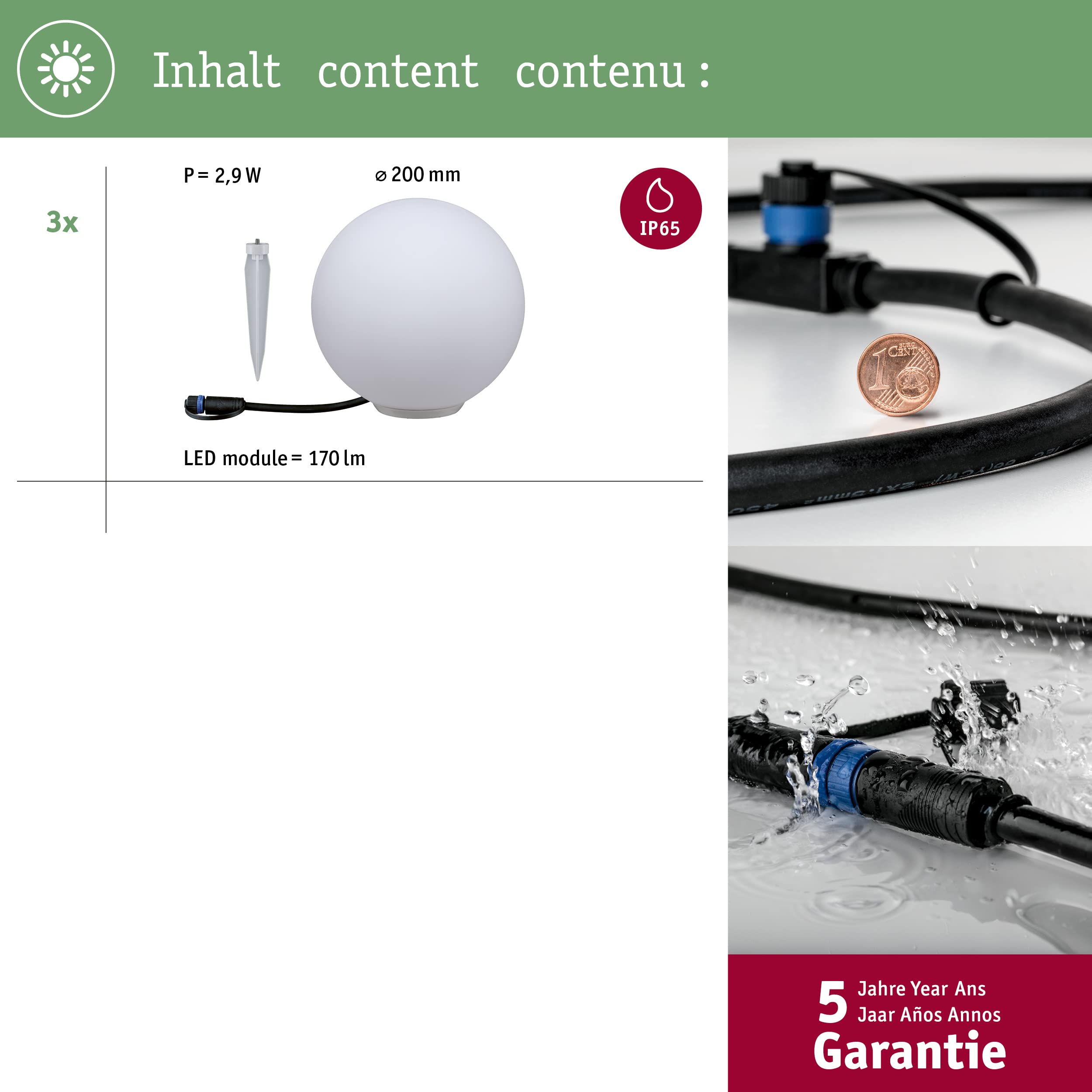Paulmann 94269 Plug & Shine LED apparecchio per esterni ZigBee Globe RGBW incl. 1 oggetto luminoso dimmerabile da 2,8 Watt IP67 bianco illuminazione da giardino plastica bianco caldo 3000 K