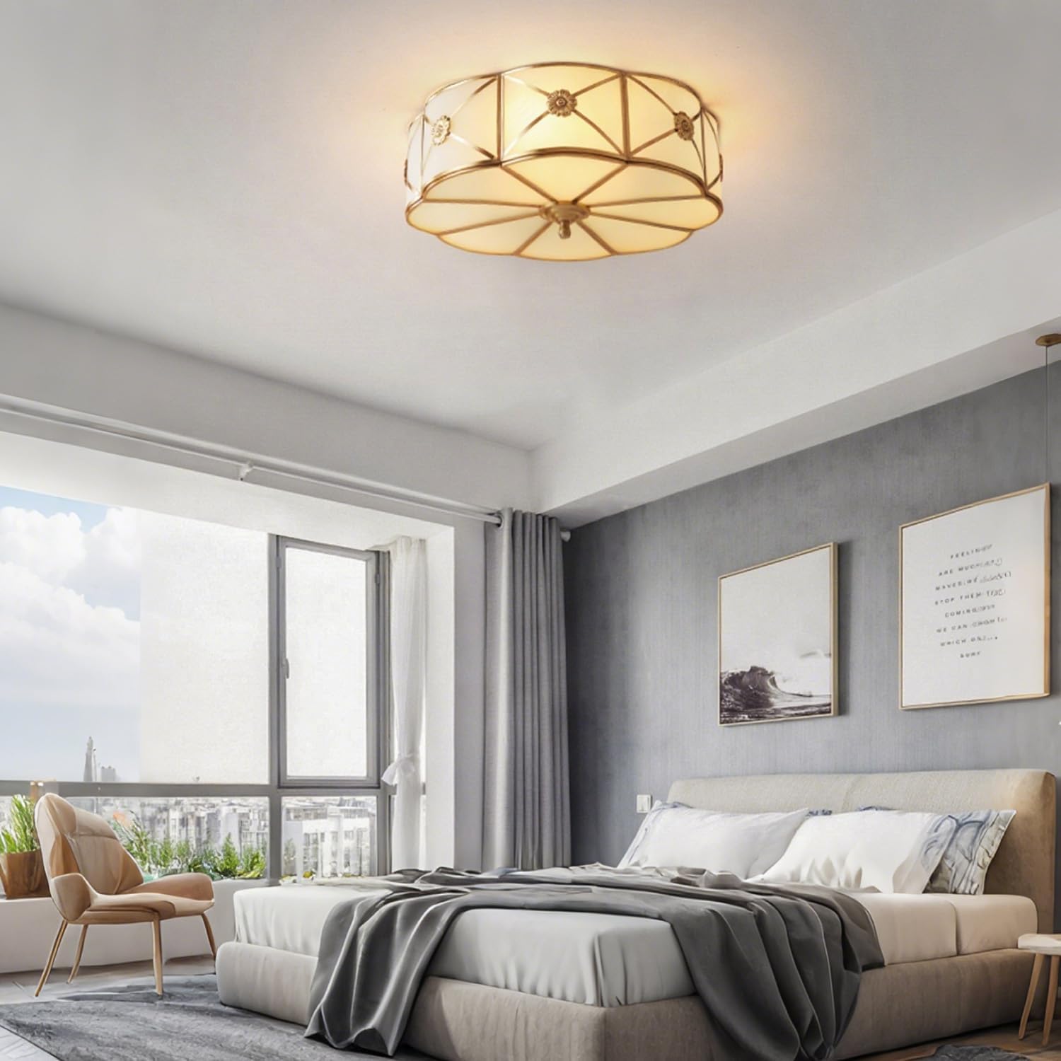 mixl- brass flush mount ceiling light, flower shaped 3-light led ceiling lamp, frosted glass shade modern light, close to ceiling light decorative for bedroom living room(13.77" w) plum blossom bstyle small