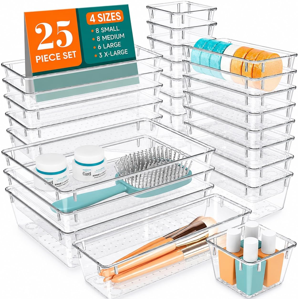 25-Piece Clear Drawer Organizer Tray Set, 4 Sizes Stackable Storage Bins for Kitchen, Bathroom, Vanity, Office, Makeup & Desk Organization Set