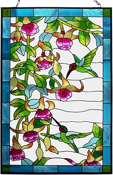 VEWOGARDEN W10xH15 inch Hummingbird Stained Glass Window Hangings, Suncatcher Panel with Chain for Wall or Windows