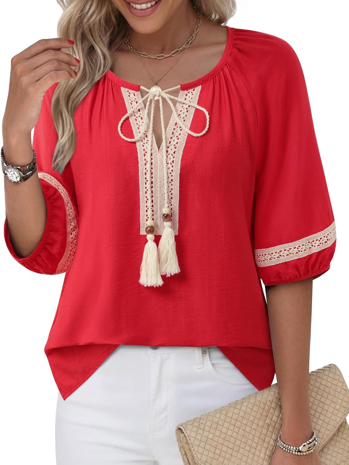 Unixseque Womens Summer Tops V Neck Tie Front Blouses Dressy Casual Flowy Half Sleeve Boho Shirts