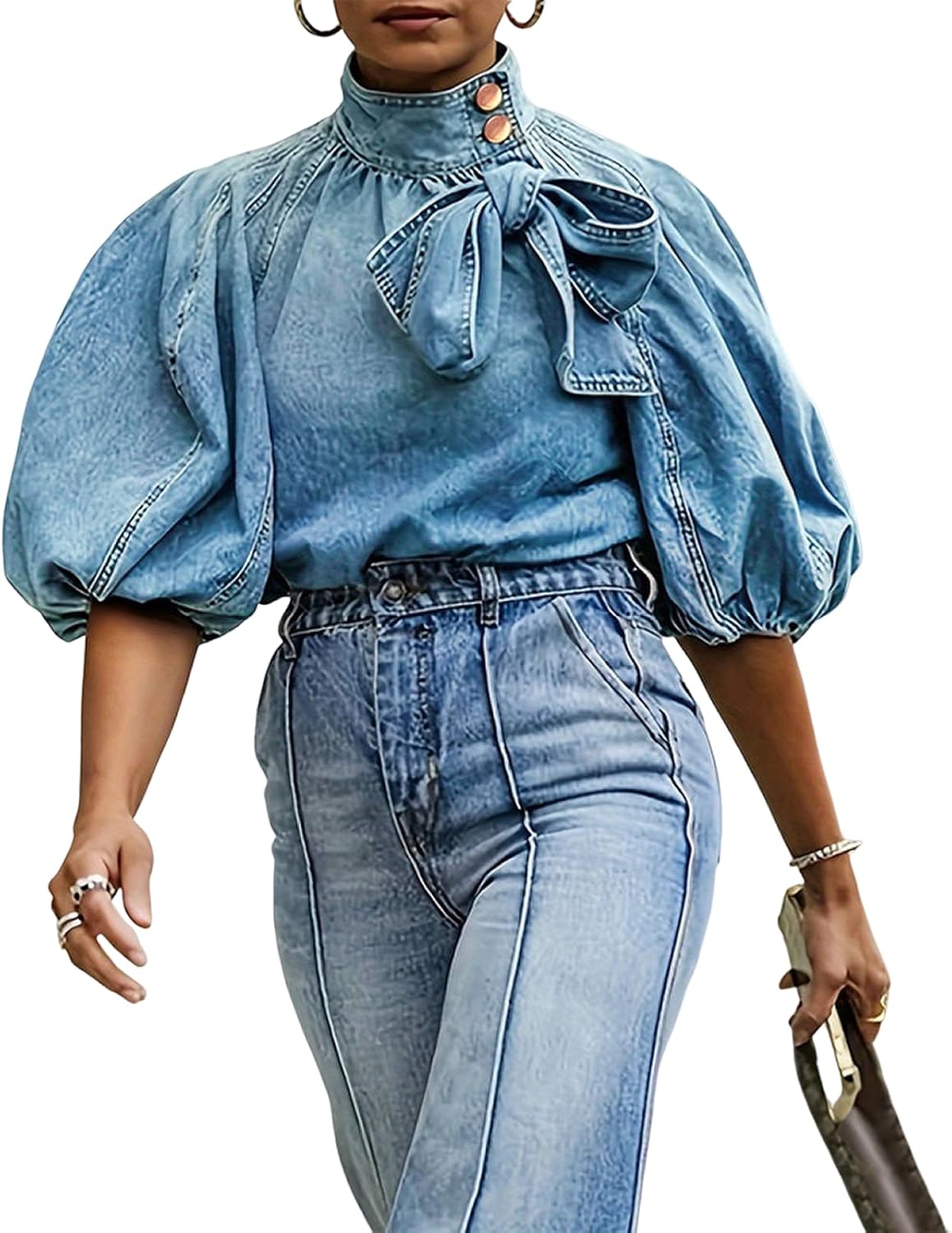 Women's Bow Design Denim Pullover Top Button Up High Neck Fashionable Jacket with Elastic and Puff Sleeves