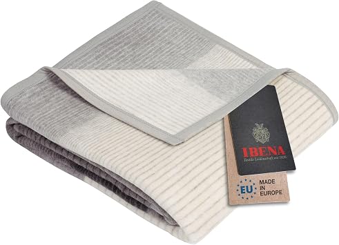 IBENA Granada Throw Blanket, Contemporary Block Striped Jacquard Woven Oversized Cotton Blend Velour in Stone Grey