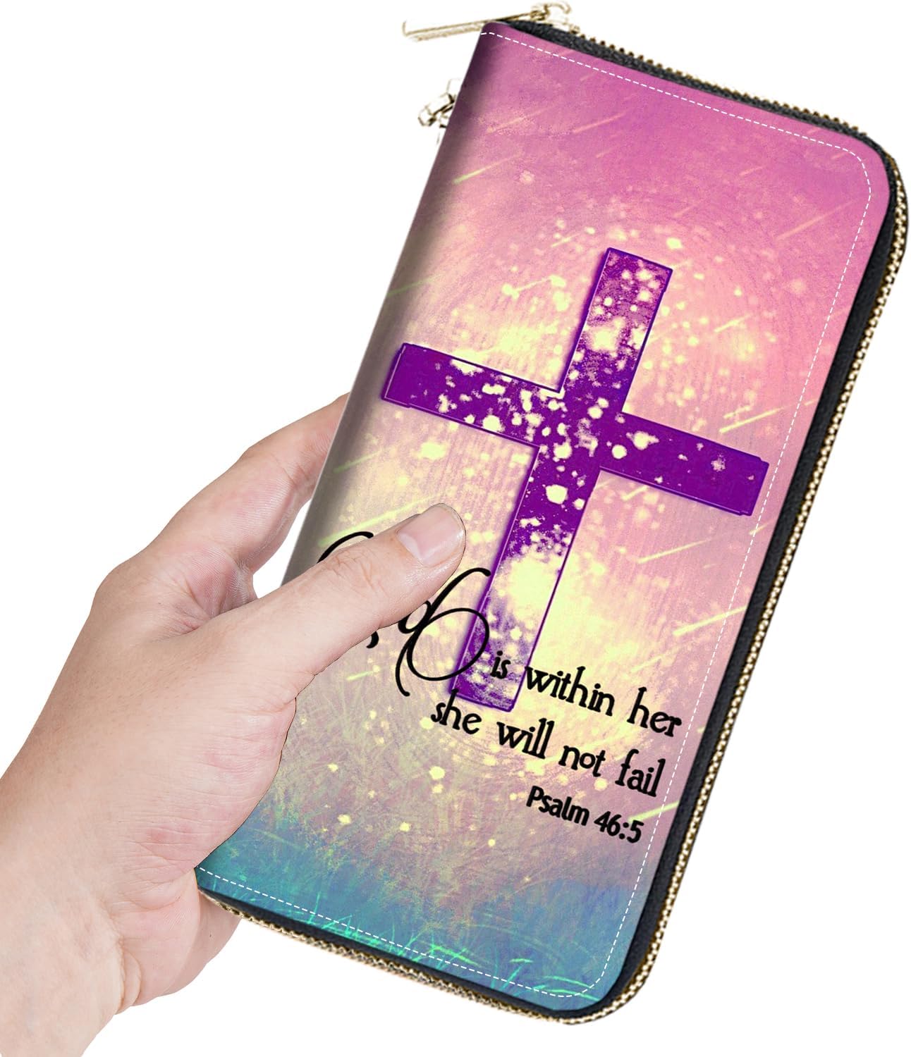 Women's Large Capacity Wallet,Portable PU Leather Zipper Wallet for Smart Phone/Card/Coin/Cash,Multifunctional Clutch Wallet with Removable Wristlet Strap,Christian Cross Quote Bible Verse Psalm 46:5 - Image 5
