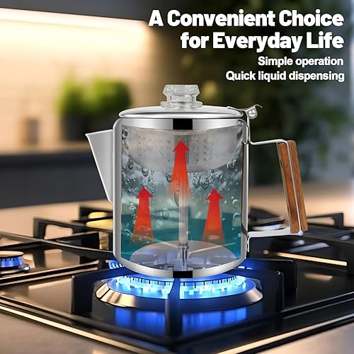 Miniatura 8 de Cafetera de acero inoxidable 304 para 12 tazas, cafetera con mango de madera maciza, perilla transparente, estufa Greca Mocha para inducción, hogar