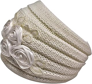 Luxury Divas Ivory Ribbed Knit Headband With Floral Design