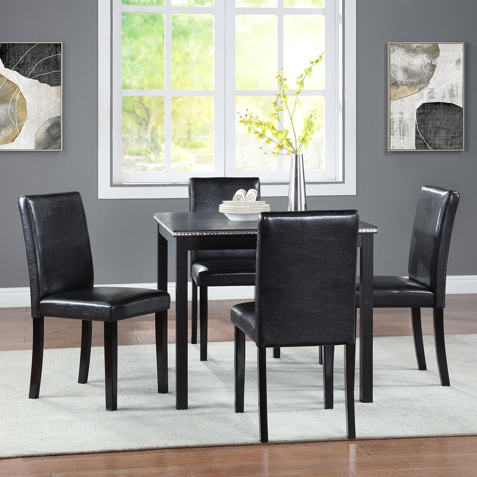LUMISOL Dining Table Set for 4, 5-Piece Solid Wood Kitchen Table Set with 4 Upholstered Chairs for Kitchen, Dining Room, Home Bar, Black