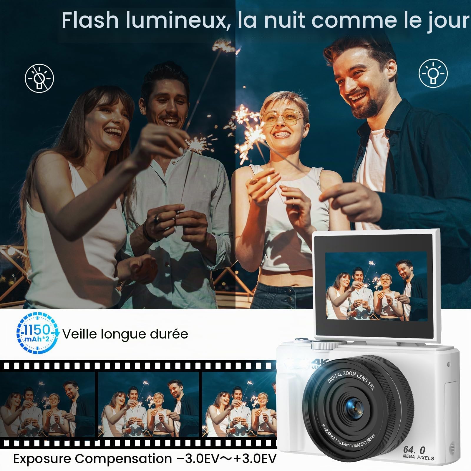 Appareil photo numérique 5K 75 MP, WiFi, zoom 18x, écran rabattable de 3