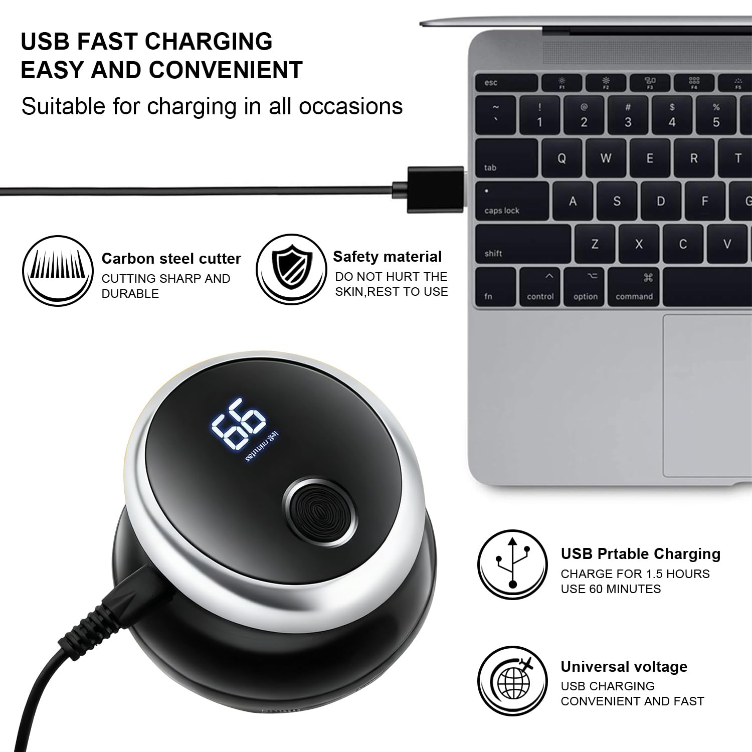 KEMEI 887 Tondeuse à cheveux pour homme, sans fil, coupe rapide, lame rotative circulaire, étanchéité IPX7, rechargeable par USB avec écran LED