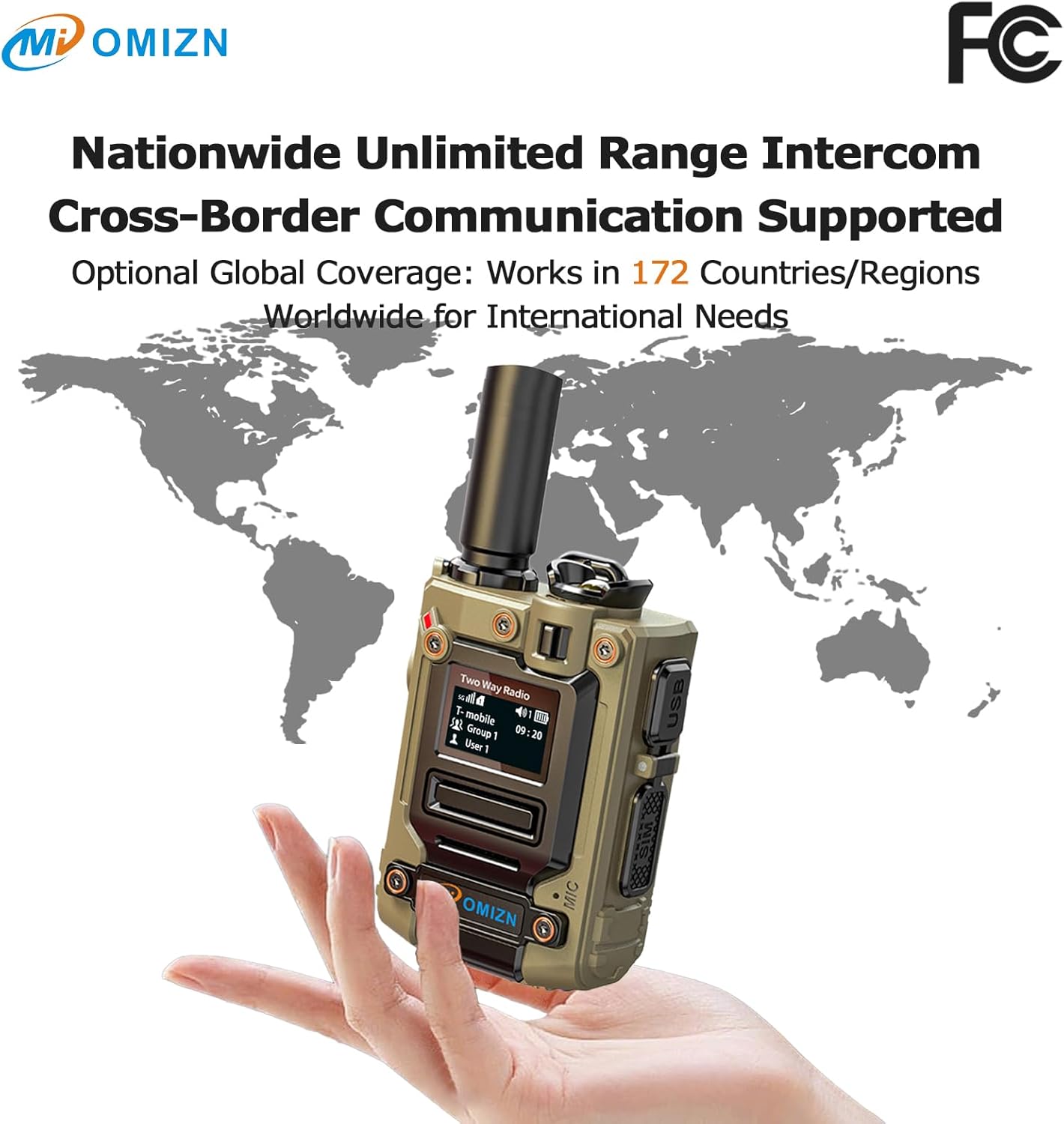 OMIZN M8 radio with world map background, illustrating nationwide coverage