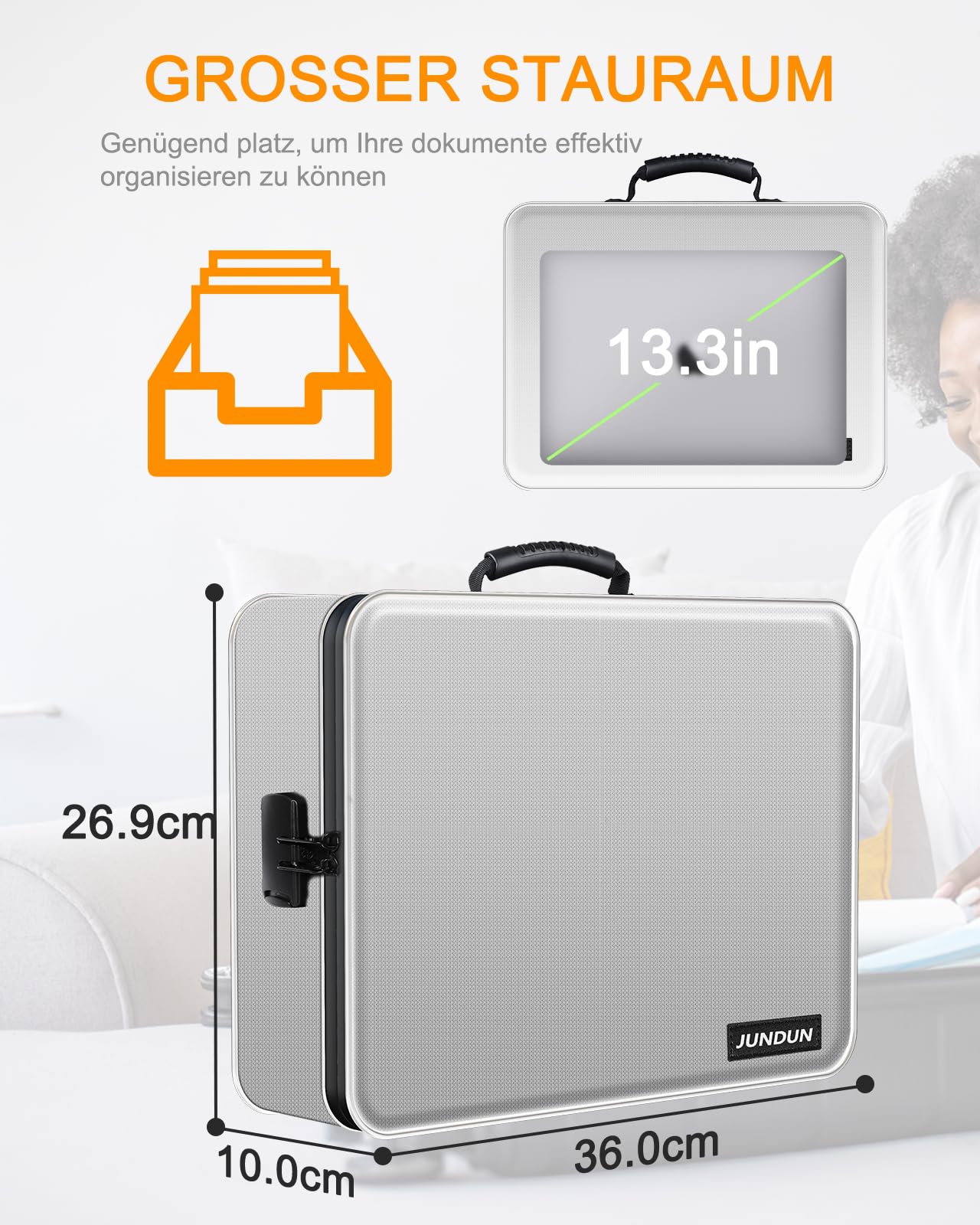 JUNDUN Organizador de documentos, resistente al fuego con cerradura, caja de almacenamiento de documentos con 7 compartimentos, organizador de archivos, maletín portátil para documentos importantes,