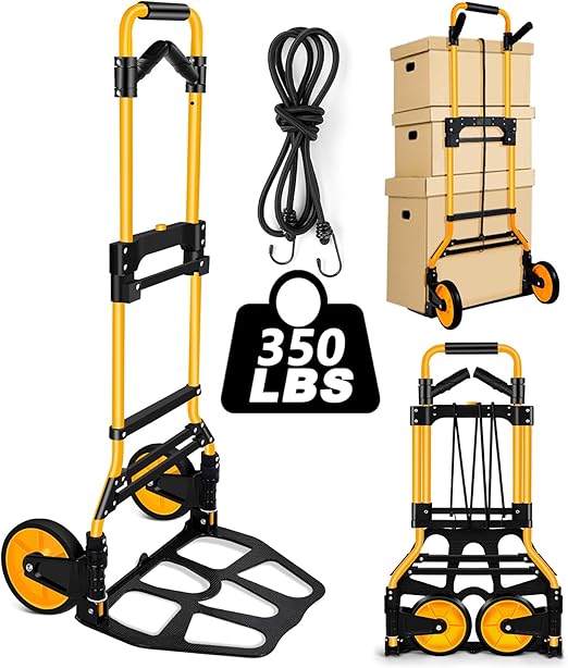 350 LB Capacity Upgraded Folding Hand Truck Dolly,Portable Dolly Cart with Telescoping Handle,Rubber Wheels and Aluminum Wheel Frame for Moving,Shopping,Travel,Office Use