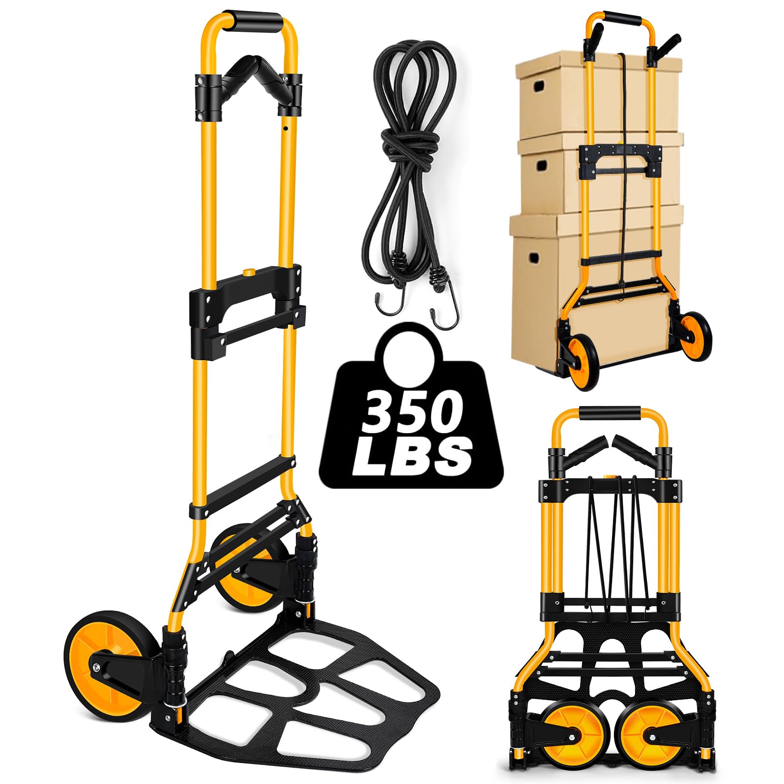 350 LB Capacity Upgraded Folding Hand Truck Dolly,Portable Dolly Cart with Telescoping Handle,Rubber Wheels and Aluminum Wheel Frame for Moving,Shopping,Travel,Office Use.