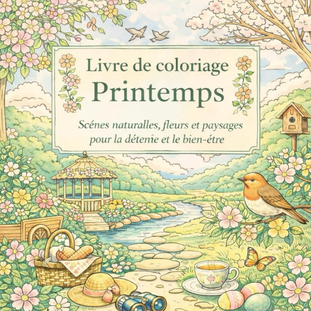 Livre de coloriage Printemps: Scènes naturelles, fleurs et paysages pour la détente et le bien-être
