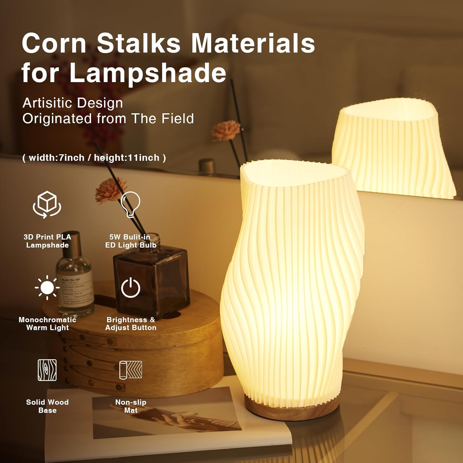 Dawnwake Table Lamp highlighting its features like 3D printed lampshade, LED bulb, and solid wood base