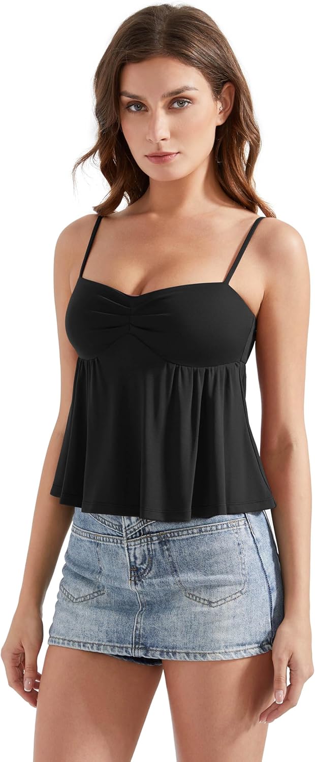 OMKAGI Cute Peplum Camisole Tops for Women Built in Bra Sleeveless Going Out Tank Top - Image 4