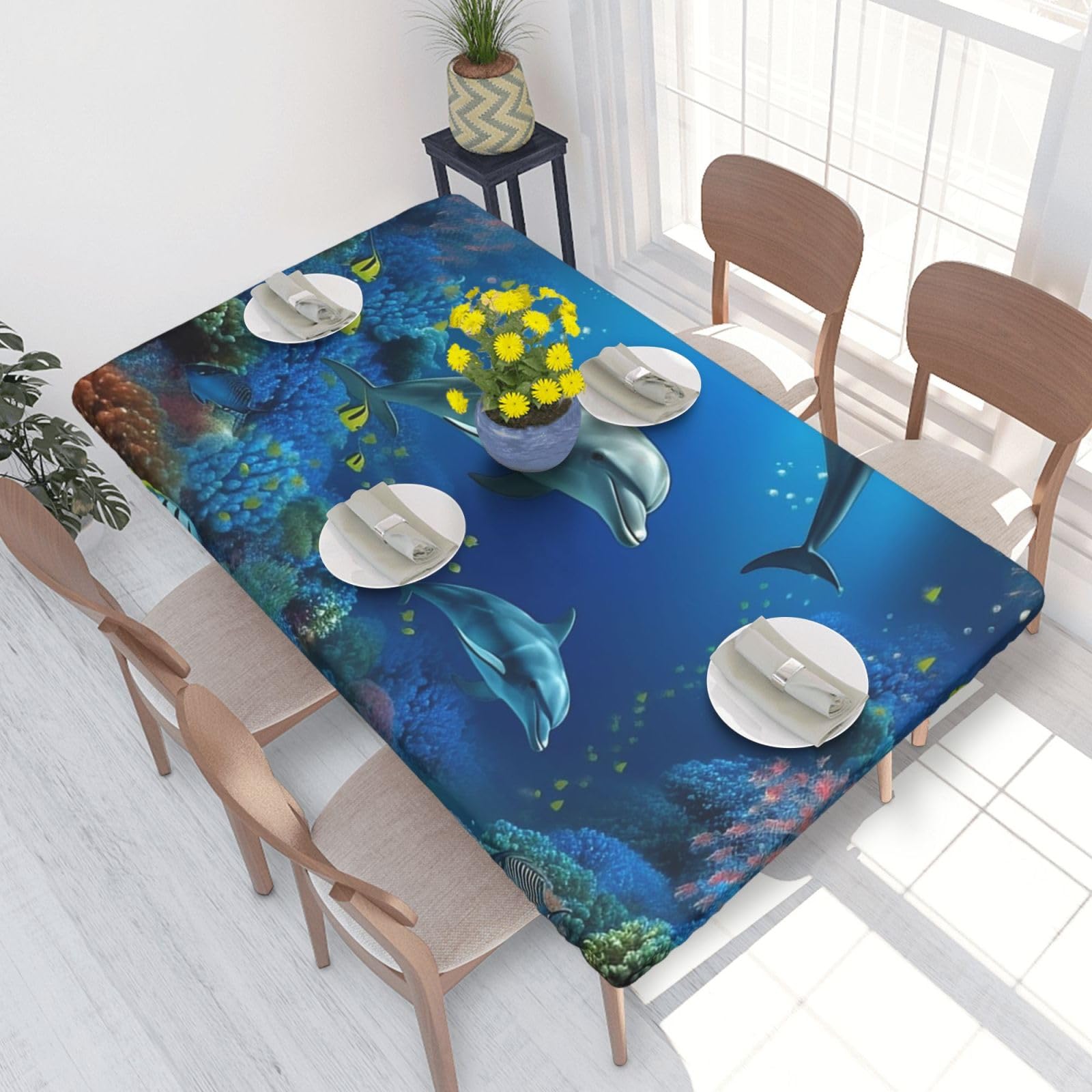 Underwater World Dolphins Coral Waterproof Square Table Cover Elastic Fitted Tablecloth Oil Proof Table Protector For 4ft Table