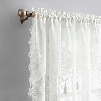 Warm Home Designs Pair of 2 Ivory Color Standard Length 54 W x 84 L Semi Sheer Lace Curtain Panels & Attached Valances with 6 Tassels. Classic Elegant English Rose Pattern. L Ivory 84