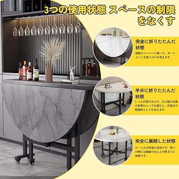 Folding Table, Dining Table, Wooden, Round Dining Table with Casters, Extendable, Compact, Space-saving, Eco Material, Modern Design, Suitable for Kitchens, Restaurants, Outdoors, Etc. Size