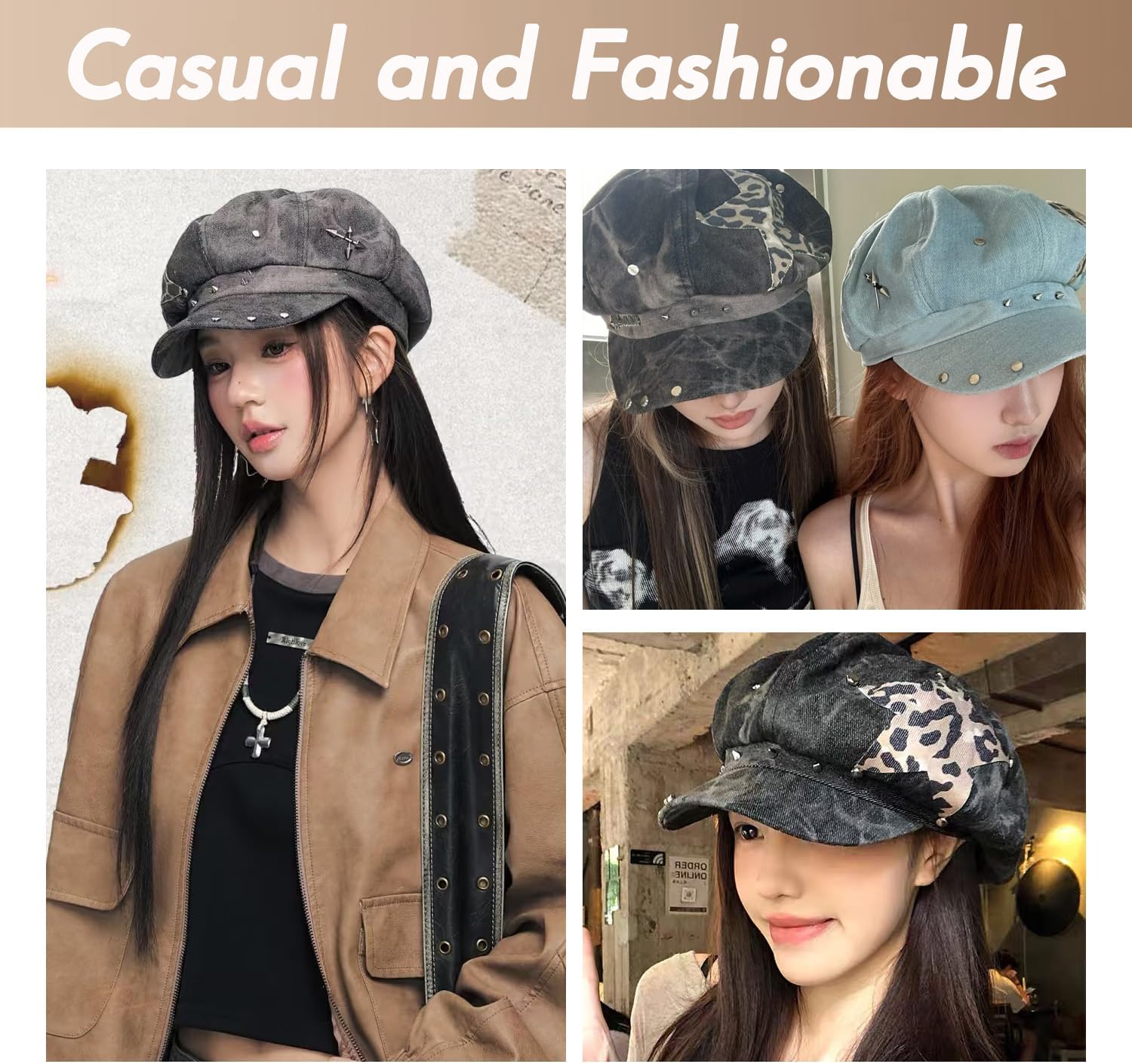 Y2k Newsboy Cap Women Studded Baker Boy Hats Vintage Hat Accessories 2000s