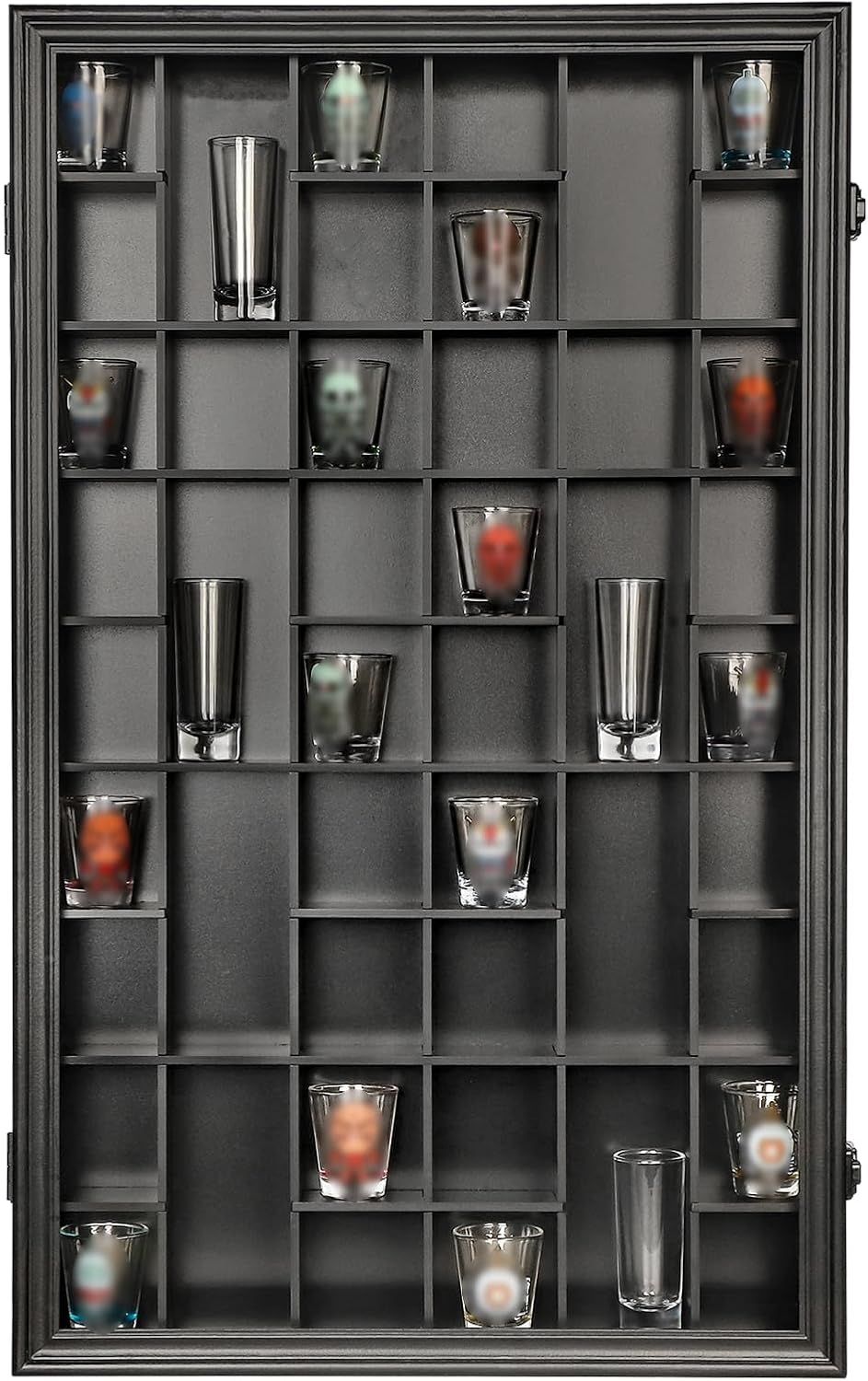46 Shot Glass Display Case - Wall Mount Wooden Lockable with Removable Shelves, UV Protection Acrylic Shot Glass Door, Black 46-Black