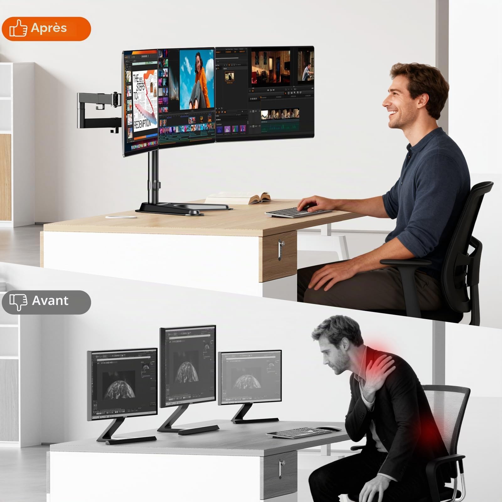 Support Triple Écran Putorsen jusqu’à 27 Pouces - Pied Bureau Lourd et Réglable pour 3 Moniteurs avec Base et Gestion de Câbles, 10 kg par Bras, Noir