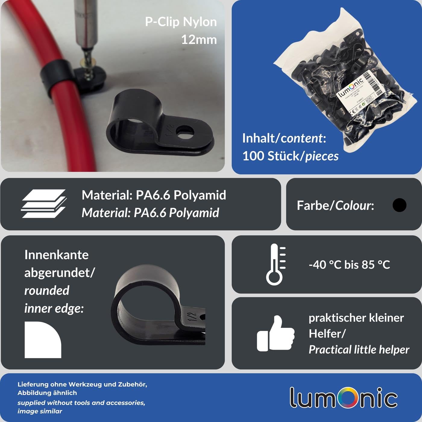 Lumonic Kabelclip Set 100x P-Clip I Perfekt geeignet für Kabel mit 12mm Durchmesser 1/2" I Auch als: Kabelschelle, Kabelhalter und Chassisklemmen einsetzbar