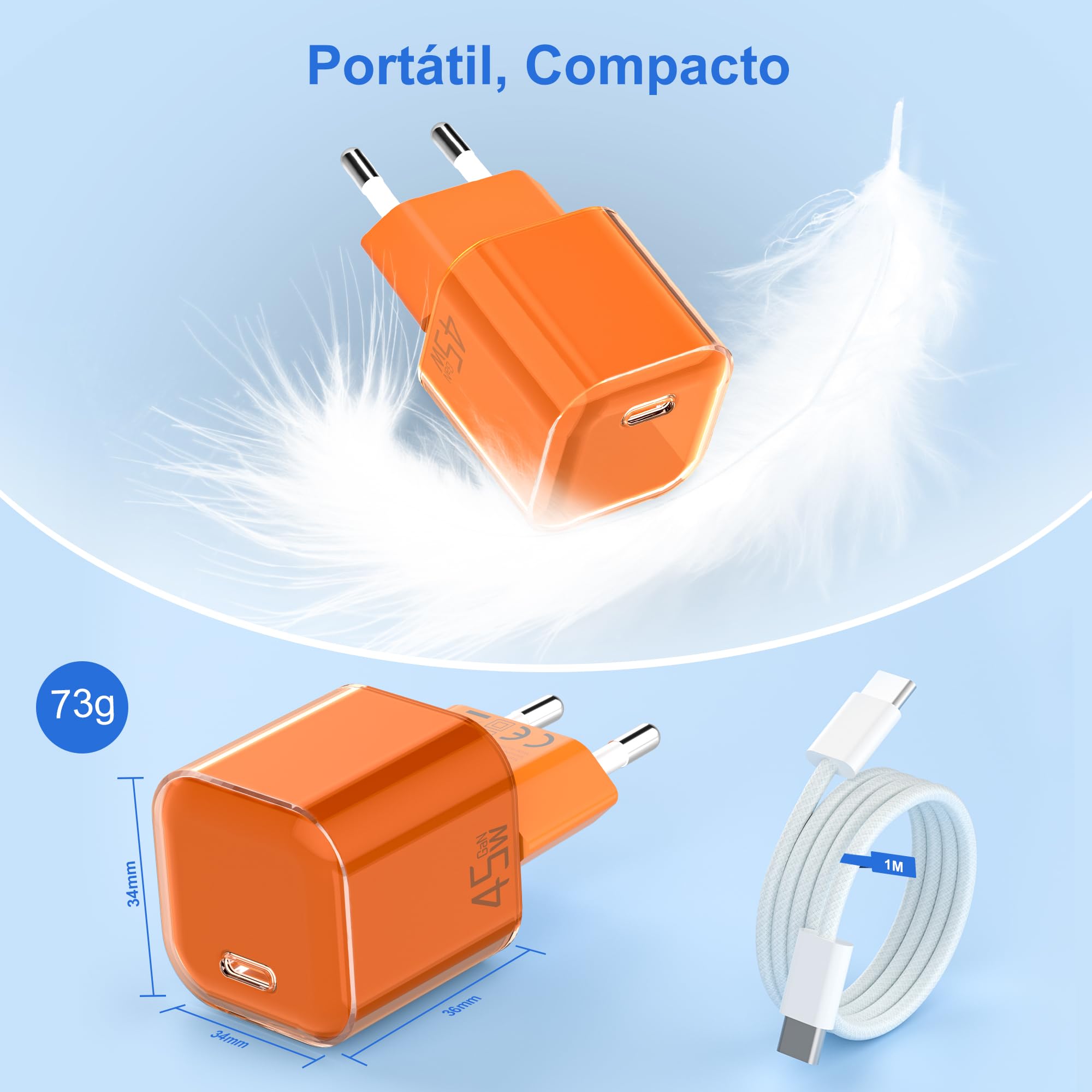 YISH Cargador USB C Carga Rapida 45W：GAN PD3.0 Enchufe USB C Movil Cargador Tipo C Carga Rapida Compacto para Teléfonos Inteligentes y Tabletas USBC Cargado Cabezal con 60W Cable Tipo C a C — view 6