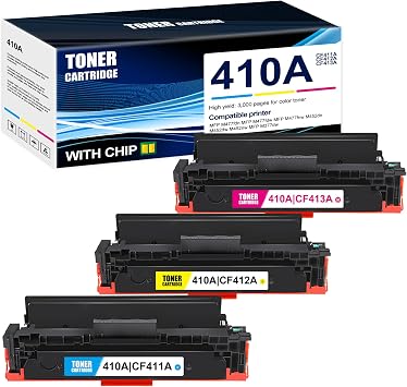 3-Pack C/M/Y 410A CF411A CF412A CF413A Toner Cartridge Compatible 410A CF411A CF412A CF413A Replacement for HP MFP M477fdn MFP M477fdw MFP M477fnw M452dn M452dw M452nw MFP M377dw Printer