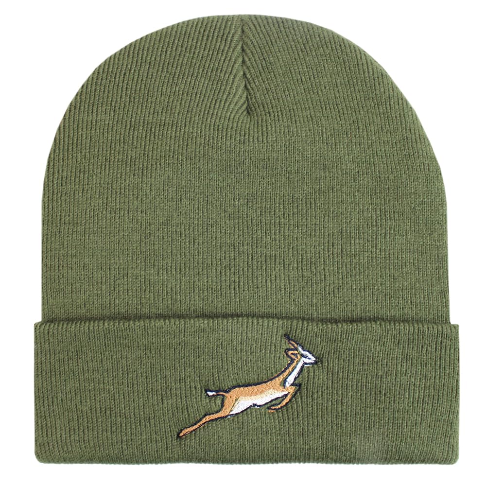 TeddyT's Springbok Embroidered Luxury Soft Rib Beanie Hat (Khaki Green)