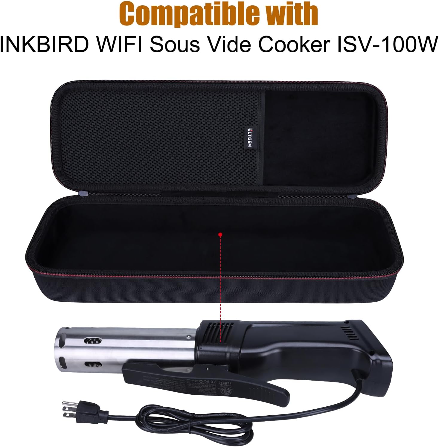 Hard Travel Carrying Case for Inkbird ISV-100W WIFI Sous Vide Cooker | Soft Rubber Handle & Half Mesh Pocket for Accessories & Double Zipper & Scratch-resistant, Shock-resistant and Dirt-proof