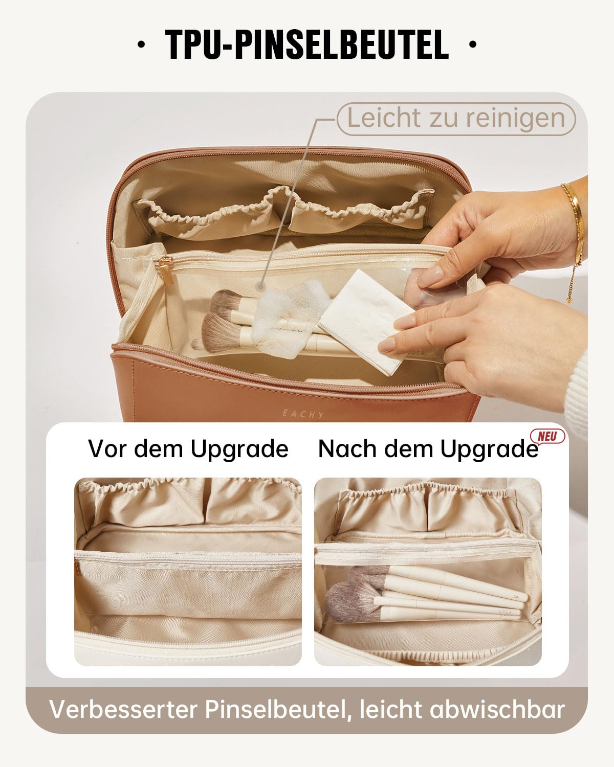 EACHY Kosmetiktasche Damen, PU-Leder Make up Tasche mit Transparenten Trennern, wasserdichte Reise Schminktasche mit Griff, Luxus Kulturbeutel für Frauen oder Geschenkidee (Brown, Mittelgröße)