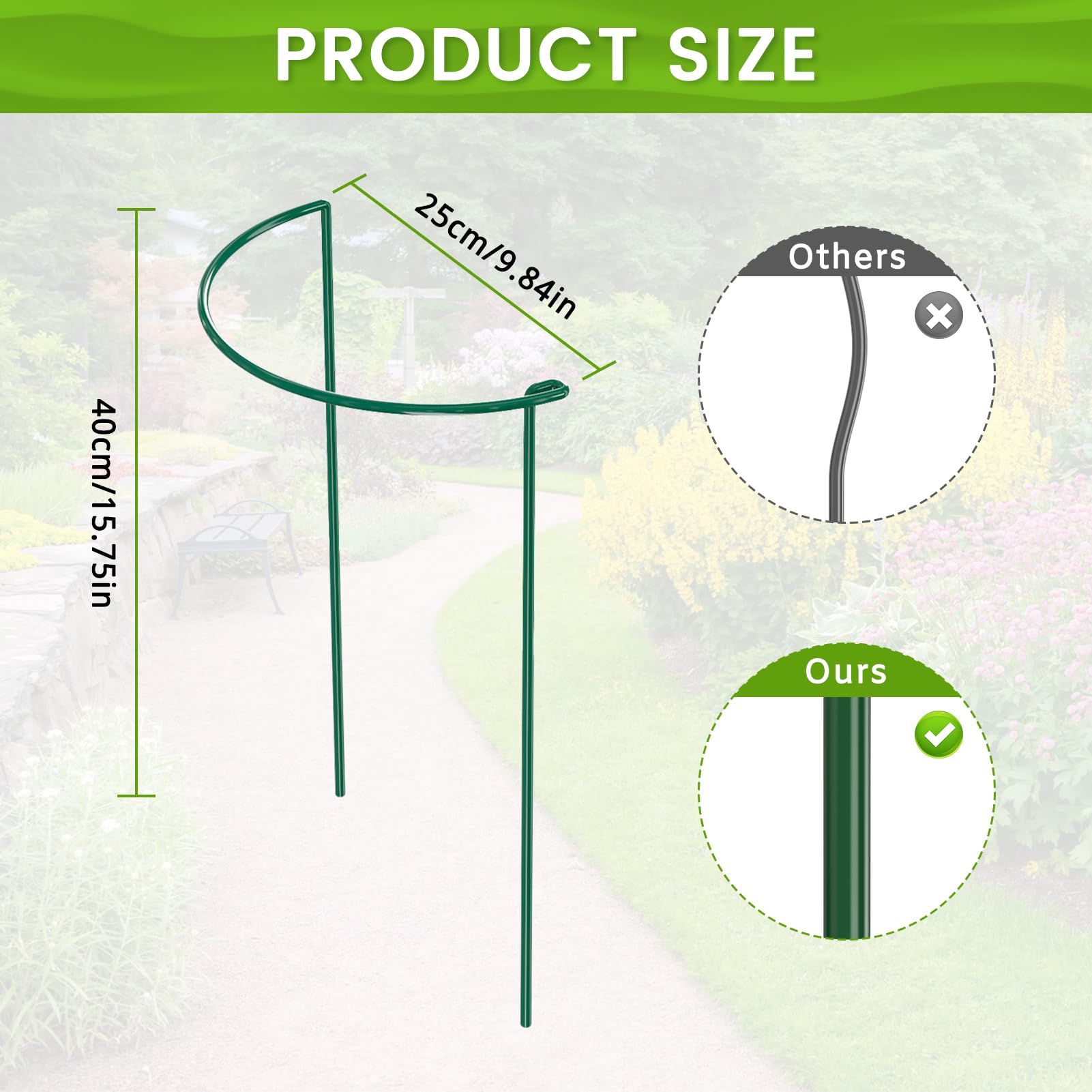 LyTaispuly 10 Stück 40 cm hohe Pflanzenstützpfähle, groß, Starkes Metall, halbrunde Gartenstützen, grüne Schleife, Ringkäfig mit 5 selbstbewässernden Spikes für Pfingstrose, Monstera (40 cm/10 Stück)