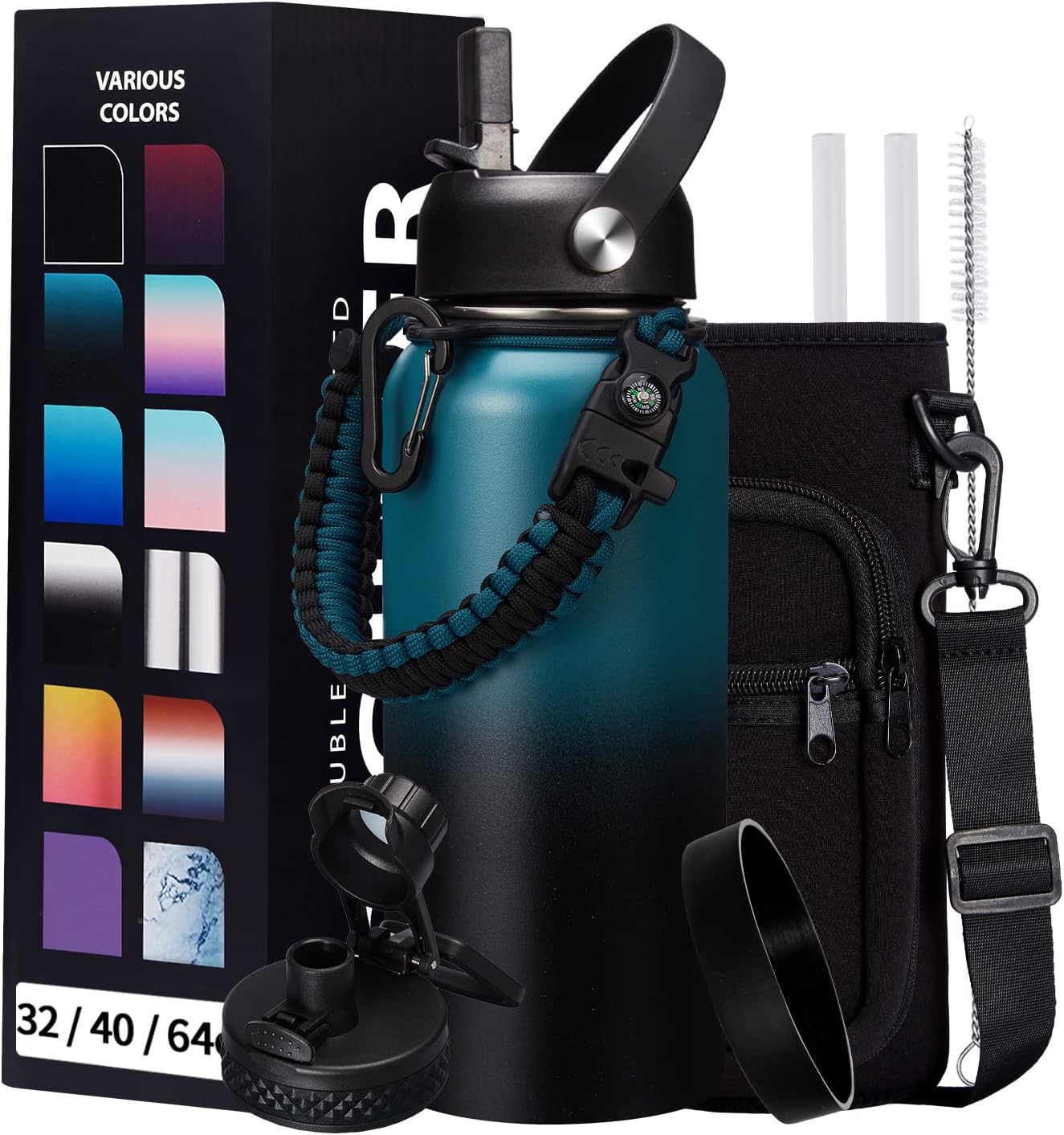 32/40/64/128 oz Insulated Water Bottle with straw & Spout Lids Keep Cold 48H Hot 24H, Large Water Flask Bottle with Shoulder Carrier Bag, Paracord Handle & Boot for Gym, Workout & Beach