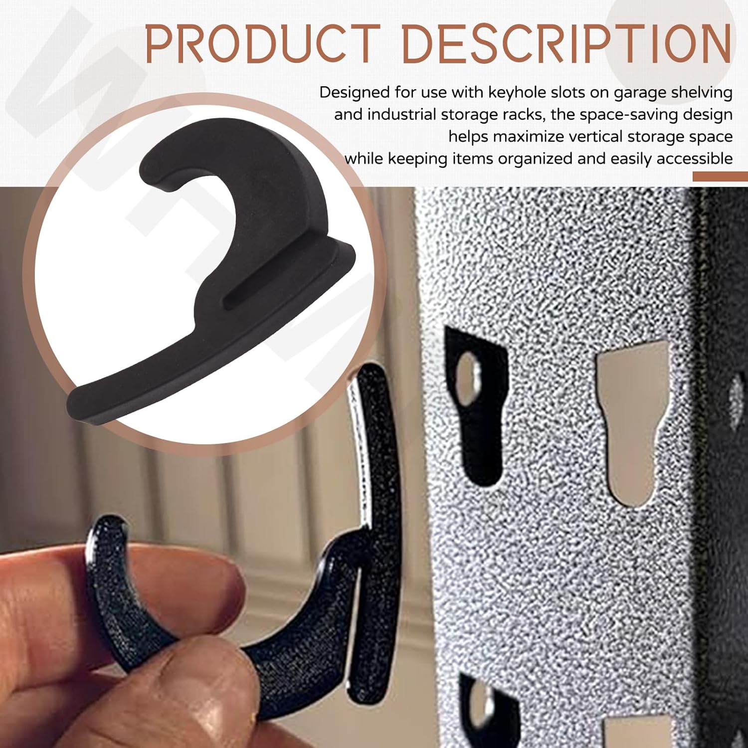 Universal Hooks for Garage Shelving and Industrial Storage Racks Compatible with Keyhole Slots, Including J&L Heavy-Duty Hooks for Garage Shelving - UV-Resistant, Holds up to 40 lbs.